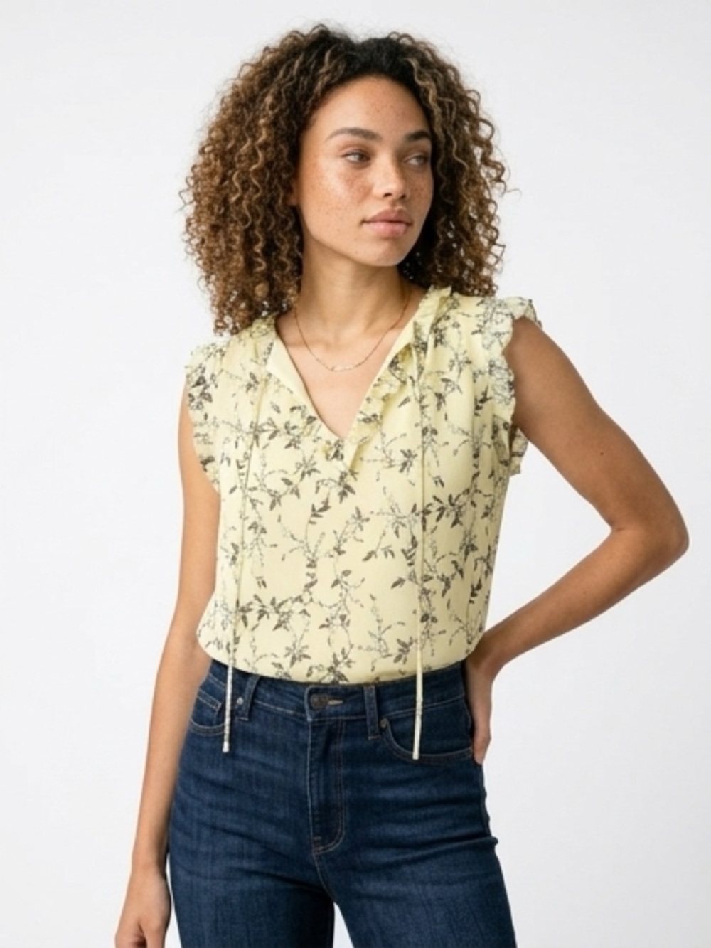 CeCe Pale Yellow Floral Tie-Neck Ruffle Sleeve Blouse